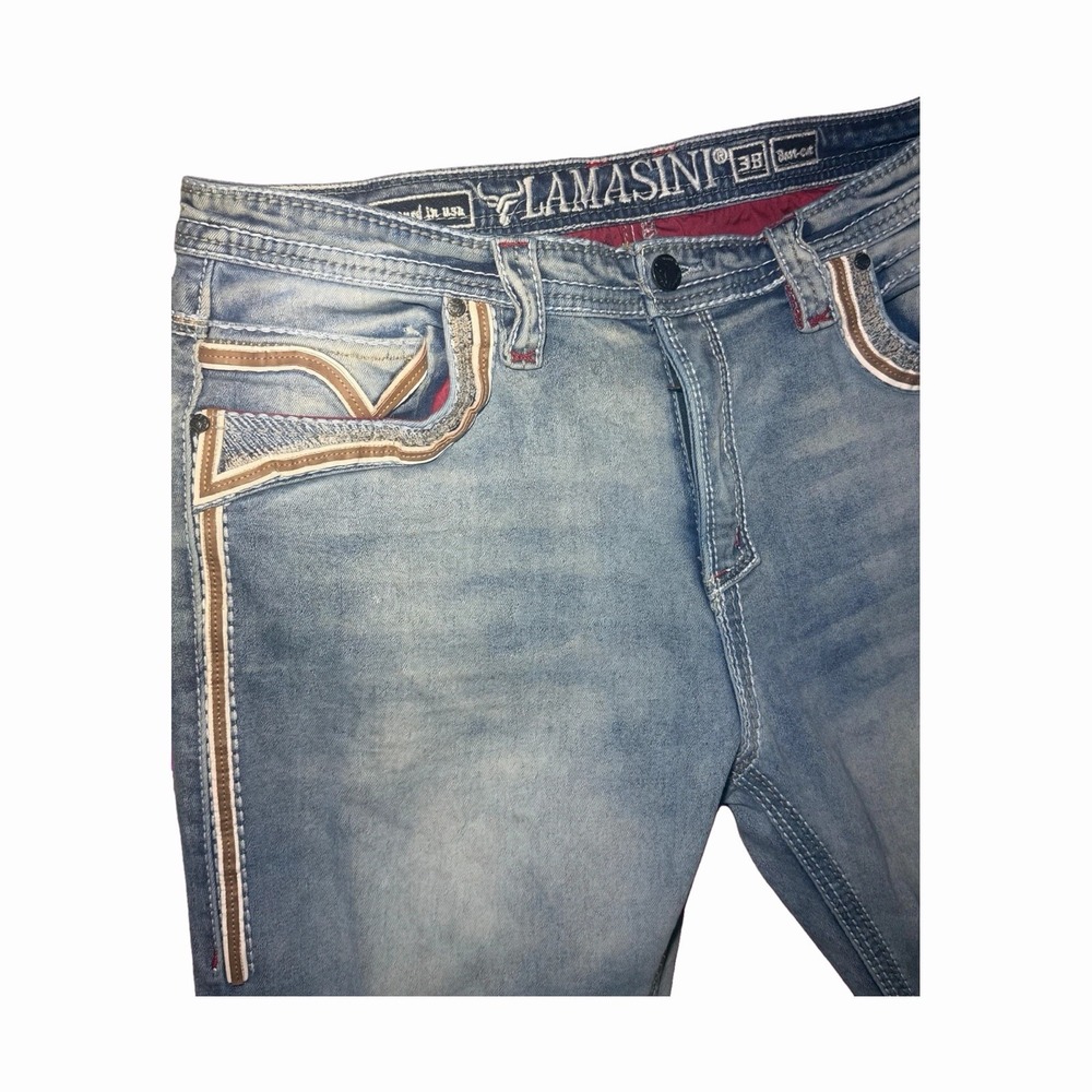 Lamasini Boot Cut Jeans Mens 38 - Light Wash Embroidered Pockets Western Design